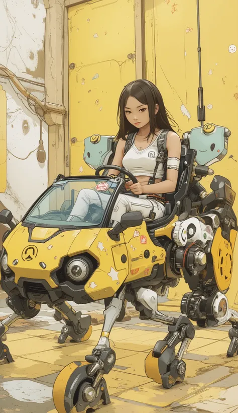 若く美しい日本人女性but創造的にデザインされた, of a mixture of cars and multi-legged robots I'm wearing a robot vehicle like. 乗り物は鮮やかな色but特徴です, suggestion, green, legwear on the back of the skirt. sitting 。ヘッドライトやグリルなどの車のような要素butあります, but、I can see the base from decorative sti...