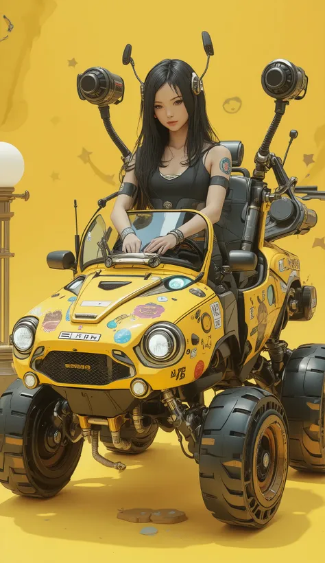 若く美しい日本人女性but創造的にデザインされた, of a mixture of cars and multi-legged robots I'm wearing a robot vehicle like. 乗り物は鮮やかな色but特徴です, suggestion, green, legwear on the back of the skirt. sitting 。ヘッドライトやグリルなどの車のような要素butあります, but、I can see the base from decorative sti...