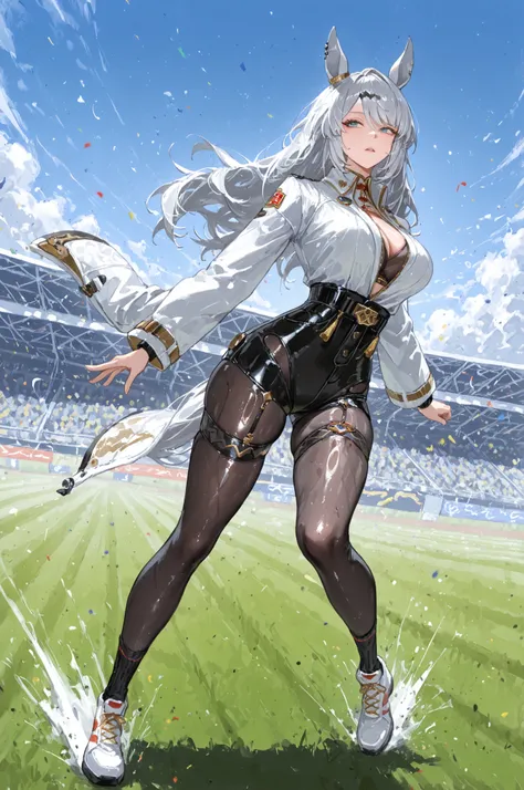 racecourse、Racecourse、Uma Musume、horse ear、Jirio Mahonoko、 A sophisticated eye 、Full Body、GBF_style、748cm style、32K、semi-realistic、 super detailed description on the front 、art work、Original Work、 Detailed Color、 detailed eyes、 detailed face 、Detailed Eye...