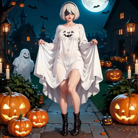 (1girl, Alone, alone), ((yorha no.2 type b, 2B, 1girl, solo, short hair, white hair, hairband, blindfold, covered eyes, black blindfold)), ((Alone, (1woman, solo, delicate line), extremely detailed , Soft ambient lighting, 4K, perfect eyes, a perfect face, Perfect Lighting, the 1 girl)), ((fitness, , shapely body, athletic body, toned body)), (( smug, muscular female,  ,, ghost costume, Halloween party, Halloween decoration, Halloween pumpkin, spider webs, bats, night, full moon, backyard, garden, candles,, red lipstick))