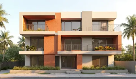 Ultra-detailed architectural visualization of a minimalist modern residential block from the "Minha Casa Minha Vida" project, frontal perspective. Clean lines, geometric simplicity, 3 floors with 6 apartments per floor (T2 and T3 typologies). Color scheme:...
