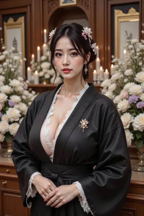 Ultra-beautiful female mourner as chief mourner, standing at the front of a formal funeral hall delivering a greeting. She wears a traditional black kimono mourning attire with a single family crest on the chest, refined cut with a slight silk sheen. Infus...