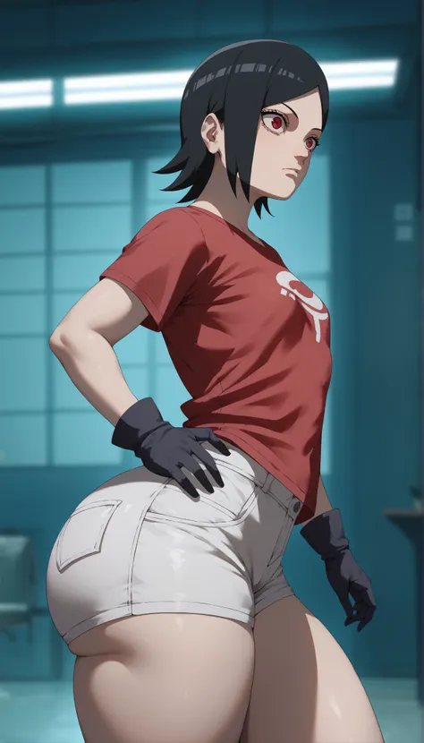 Young girl, ++ little++ small++ huge ass, Triangular butt++ huge thighs, fat and giant thighs++ Flat bistro, very flat breasts++ Alone, solo, only girl, one girl++ Sarada Uchiha, Boruto: Next Generation++ black hair, red eyes++ Black gloves, white shorts, ...