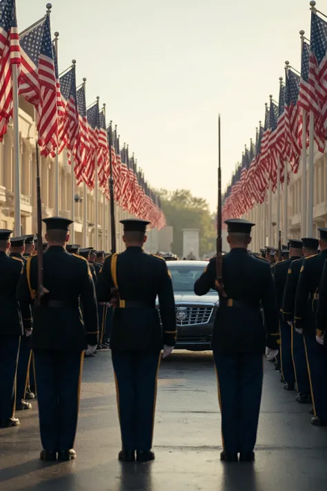 high-definition images、American military funeral ceremony venue、American flags line up neatly and swaying in the wind、a group of honor guards with guns and swords line up、A black limousine departs
