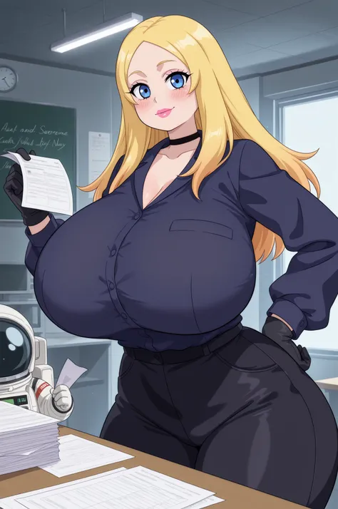 Francine Smith, looking at viewer, pink lipstick, choker, Blonde hair, huge saggy breasts. long hair. blonde hair, |  detailed, interiores, research room , industrial lighting, 1girl(Astronaut girl,  beautiful face, blush, calm and serene expression, beaut...