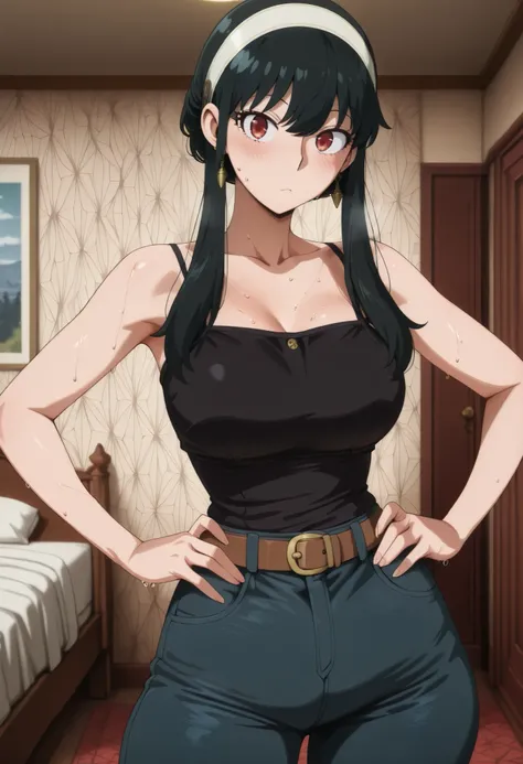  1girl, solo, denim pants, denim pants, pants, denim pants,, belt, black lace camisole, shiny legs, shiny body, shiny hair, clear skin, clear body, sweat, sweaty, sweaty:1.3, nice legs, looking at viewer, female, breasts, anime screencap, bedroom, posing, ...