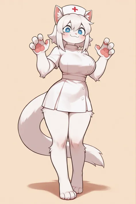 sillycay, edge, Alone, score_9, score_8_above, score_7_above, Alone,  style kemono, white hairy body, Sillycat :1, light white tail tip, blue eyes, high, light white hair, big breasts, White Hands, white feet, pink pads, Four fingers, wearing a nurse's dre...