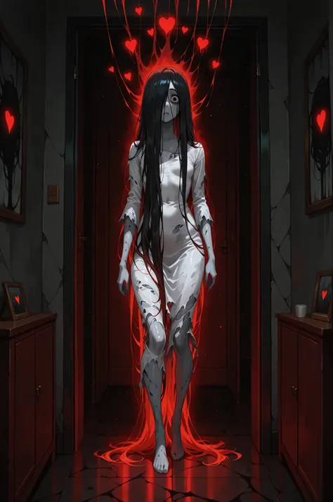 SadakoIL,1girl,solo,long hair,black hair, dress, very long hair, torn clothes, hair over one eye,grey skin,impossible dress, bare feet, yamamura sadako, standing in a living room, large floating glowing red hearts of love, in full view in a highly detailed...