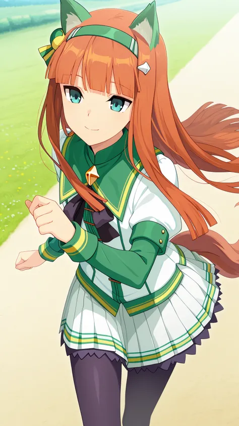 blooms alone, 1 girl, Source Anime, Silence Suzuka, long hair, dark brown hair,  Blue eyes , With green ears,  has a tail , medium chest,  pantyhose, run, ท่าrun, smile, Background Lawn, very close up, high-angle image