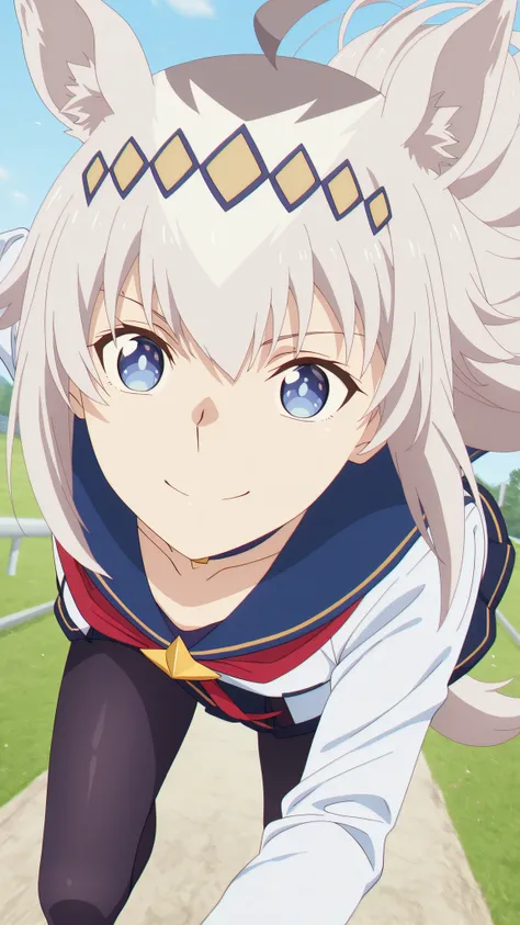 blooms alone, 1 girl, Source Anime, Oguri Cap, long hair, , gray hair,  Blue eyes , Have ears,  has a tail , medium chest,  pantyhose, run, ท่าrun, smile, Background Lawn, very close up, high-angle image