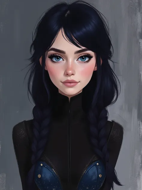 sketch painting, marinette Dopanchan, ArsMJStyle, Flat Cartoon Illustration, A very beautiful and cute 22 year old woman with a slight smile. (((Shy smile))), sharp focus on the face, (((Western eyes:1.5))), (((Extremely detailed ice-blue eyes, beautiful e...