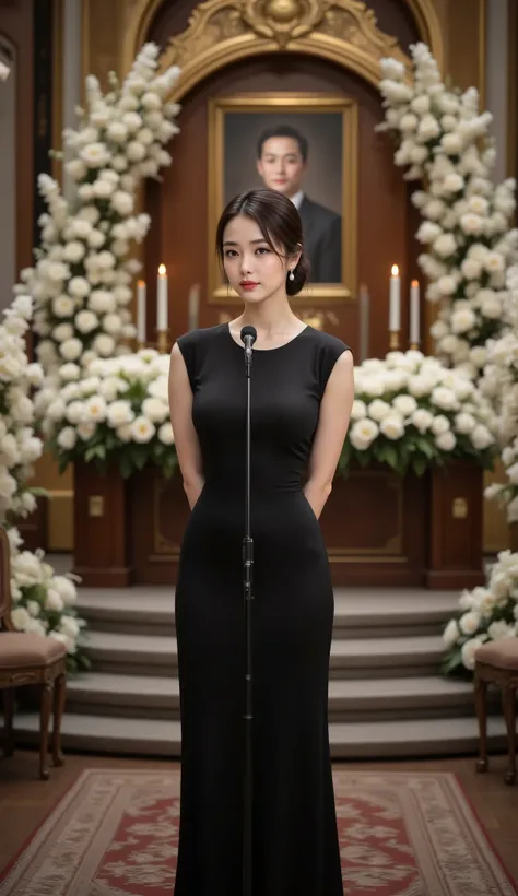 Ultra-beautiful female mourner as the chief mourner, standing at the front of a formal funeral hall and delivering a greeting. She wears a flawless black mourning dress (sleek, elegant, modest), pearl earrings, subtle makeup, glossy black updo. Expression:...