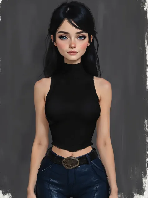 sketch painting, marinette Dopanchan, ArsMJStyle, Flat Cartoon Illustration, A very beautiful and cute 22 year old woman with a slight smile. (((Shy smile))), sharp focus on the face, (((Western eyes:1.5))), (((Extremely detailed ice-blue eyes, beautiful e...