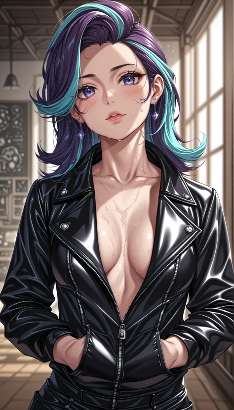 A realistic cinematic close-up of a female drummer performing in a studio, her face and upper body captured mid-motion. She wears a sleek, glossy leather jacket partially unzipped, revealing the curve of her chest as she moves with strength and grace. Bead...