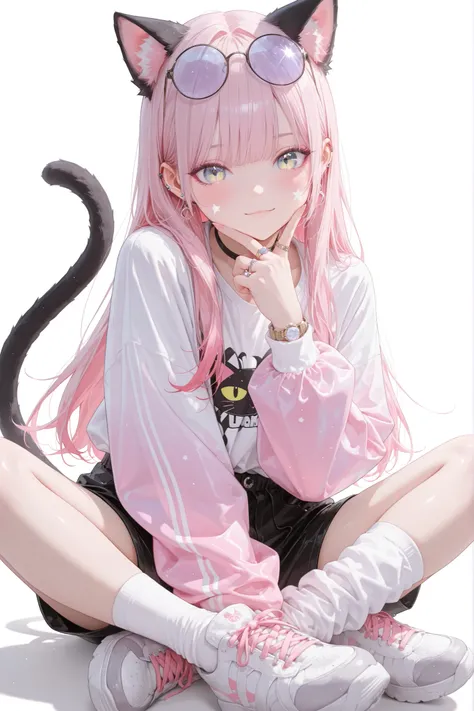 Slender anime-style girl, fair pinkish skin (peach ivory tone), oval face, soft warm lighting, cute lively appearance, high-resolution, ultra-detailed; long straight hair in hime-cut style with inward-curved ends, bangs covering forehead, side strands cut ...