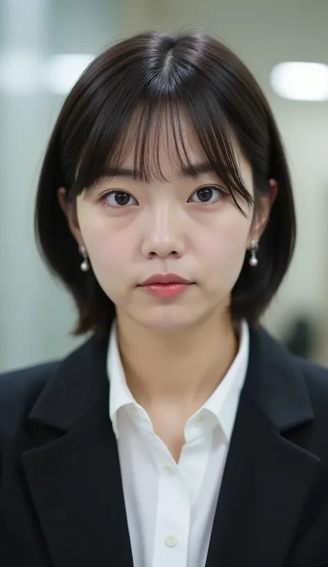 Neat Young Woman、looking at the camera、office lady suit、jacket、shirt、Ear piercings、has bangs and is making a small scream、hairstyle short bob、、No expression、has closed its mouth、、face close-up、The background is office