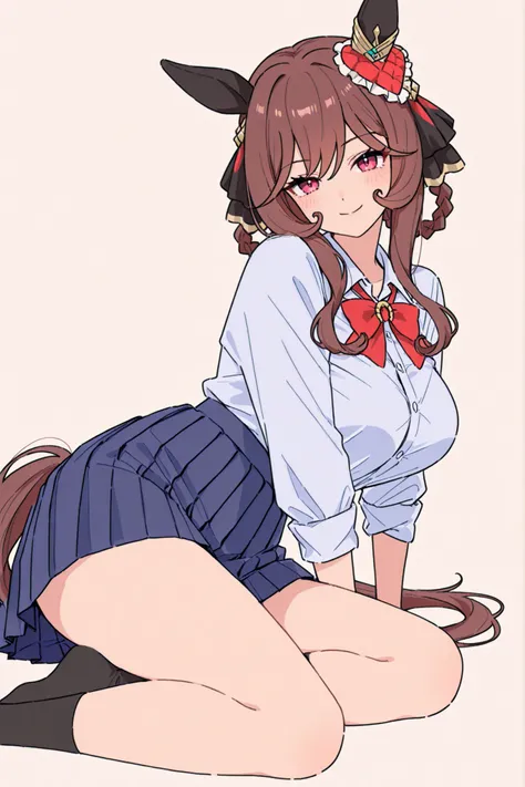 gentildonna, braid, hair ornament, animal ears, ear ornament, horse tail, \(umamusume\),1 girl、long hair、 long tail、masterpiece、Highest Quality、cute girl、high school girl、anime style、 white collar shirt、red loose bowtie、pleated skirt, navy blue skirt、Shirt...