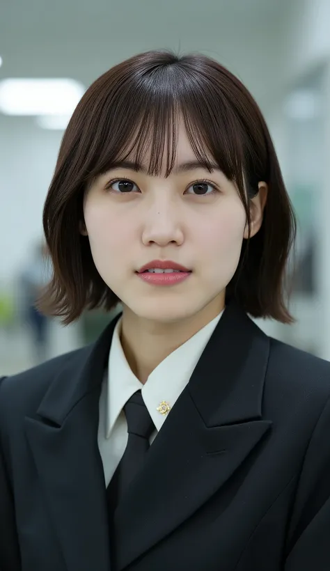 Neat Young Woman、looking at the camera、office lady suit、jacket、shirt、Ear piercings、has bangs and is making a small scream、hairstyle short bob、、No expression、has closed its mouth、、face close-up、The background is office
