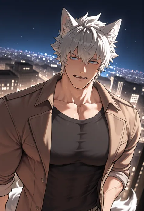 1 , alone)), wolf ears and tail, original character, wearing a brown jacket, with a black shirt, in a city at night, city lights, looking the city lights, view from a good angle , water droplets in the air, Ultra-high resolution, masterpiece, ((short hair ...