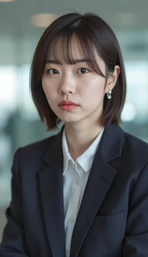 Neat Young Woman、looking at the camera、office lady suit、jacket、shirt、Ear piercings、has bangs and is making a small scream、hairstyle short bob、薄い茶髪、No expression、has closed its mouth、、face close-up、The background is office