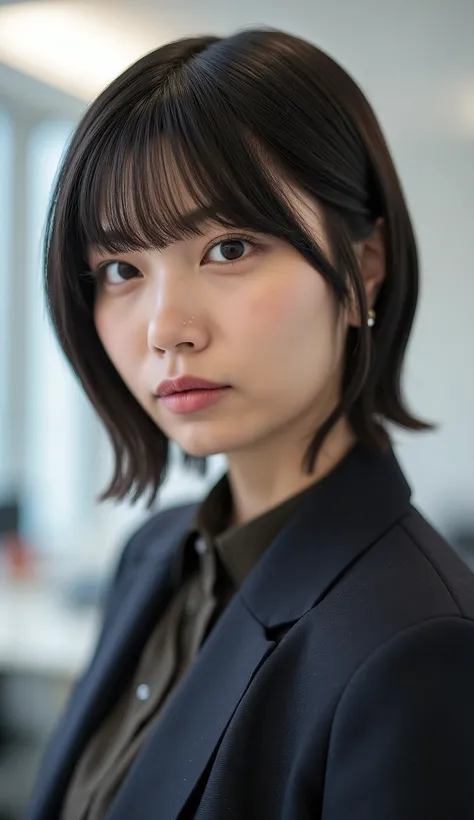 Neat Young Woman、looking at the camera、office lady suit、jacket、shirt、Ear piercings、has bangs and is making a small scream、hairstyle short bob、薄い茶髪、No expression、has closed its mouth、、face close-up、The background is office