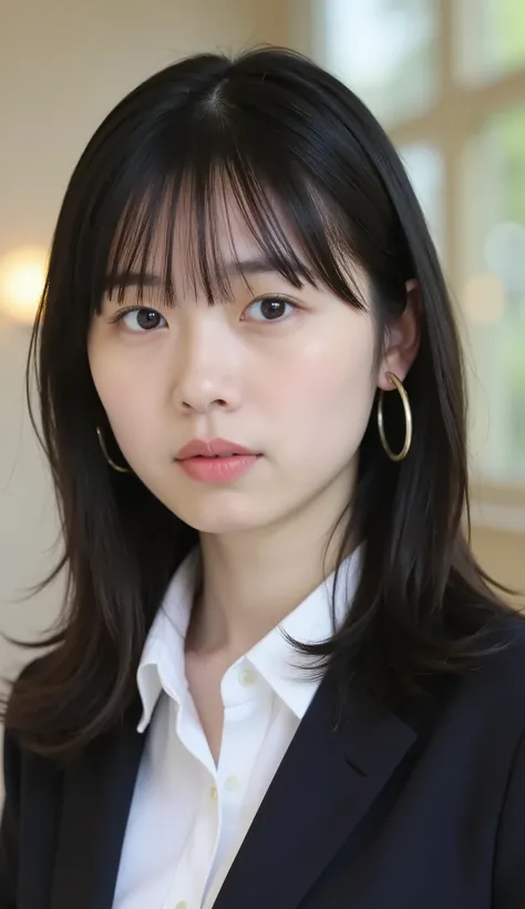 Neat Young Woman、and look at the camera、office lady suit、jacket、shirt、necklace、、ear piercing、前髪あり、No expression、has closed its mouth、顔のクローズアップ、The background is office