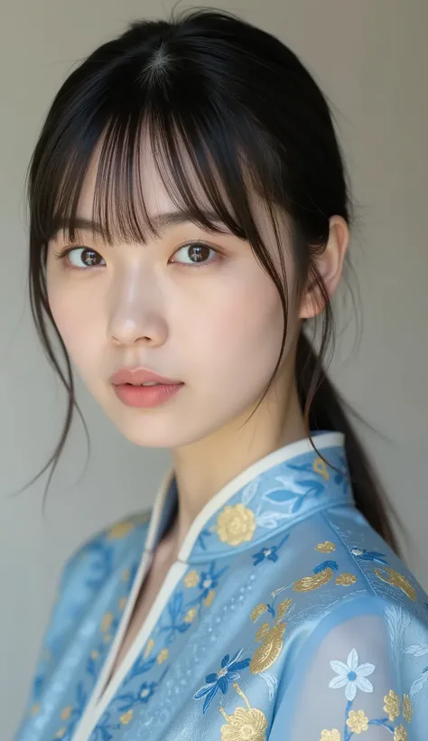 8k、Ultra Precise Rendering、Pictureの品質、 Top quality , Picture, detail eyes、 intricate details ,RAW Picture、natural makeup、Sparkling eyes、cute face、Smile Yan、very white skin、thin waist、blue daffodil, with elaborate and detailed embroidery all over , to reac...