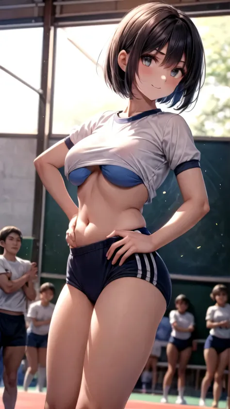 masterpiece, Highest Quality, Full HD, 16 kg,  real human body , has accurate human anatomy, (Women's Sports Day, woman wears), charming smile standing facing forward, ((An illustration of a traditional school sports festival held on the school ground. The...