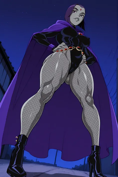 1girl,raventt,andou hiroyuki style,IllusN3g, (bellow view up angle),(masterpiece,best quality,ultra_detailed,highres,absurdres:1.2,amazing quality,very aesthetic),source_anime,rating_explict, long legs, thick thighs, (fishnet_pantyhose), grey skin,(open h...