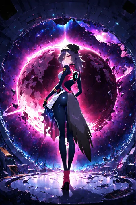 Collapsed Space Station, Broken Space Station,from behind, full body, one girl, solo,standing,looking back,
Octavia (Helluva Boss) \(pilot suit\),Beanie,
masterpiece,of the highest quality,great quality,very aesthetic,absurd dress,