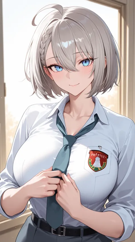 1girl, solo, anime girl, elegant mature woman, badass, baltimore, masterpiece, very aesthetic, grey hair, short hair, french braid, ahoge, hair between eyes, bob cut, light blue eyes, sharp eye outlines, long eyelashes, looking at viewer, flirty expression...