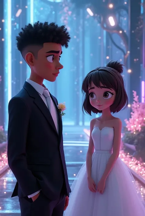 A light-brown-skinned young man with

short curly hair in a modern fade haircut (similar to Drake or Miles Morales) wearing a black elegant suit with a white tie, looking emotionally at a white girl with emo-style dark brown hair, slightly chubby, wearing ...