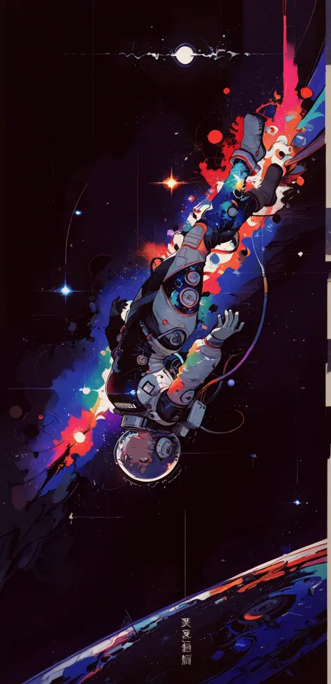 (Abstract), (Only a bizarre ), Female 1 , Trembling, sweat, spacesuit, levitation, full body, Upside down, (Scene of drifting in space, Space background, Black Void, Glowing Galaxy, Destroyed Spaceship), Dynamic Poses, Dynamic Angle, masterpieces, top qual...