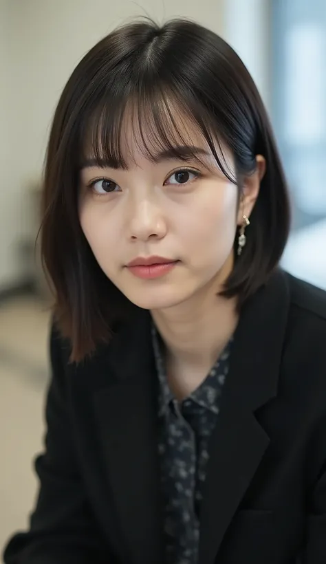 Neat Young Woman、looking at the camera、office lady suit、jacket、shirt、Ear piercings、has bangs and is making a small scream、hairstyle short bob、、No expression、has closed its mouth、、face close-up、The background is office