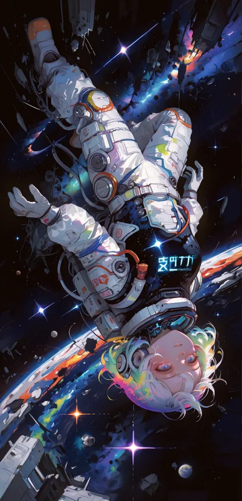 Accurate and beautiful face, Female 1 , (Face focus:1.3,  perspective ), spacesuit, levitation, full body, Upside down, (Scene of drifting in space, Space background, Black Void, Glowing Galaxy, Destroyed Spaceship), Dynamic Poses, Dynamic Angle, masterpie...