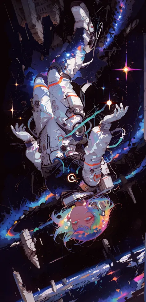 Accurate and beautiful face, Female 1 , spacesuit, levitation, Upside down, (Scene of drifting in space, Space background, Black Void, Glowing Galaxy, Destroyed Spaceship), Dynamic Poses, Dynamic Angle, masterpieces, top quality, madness, rolling around ri...