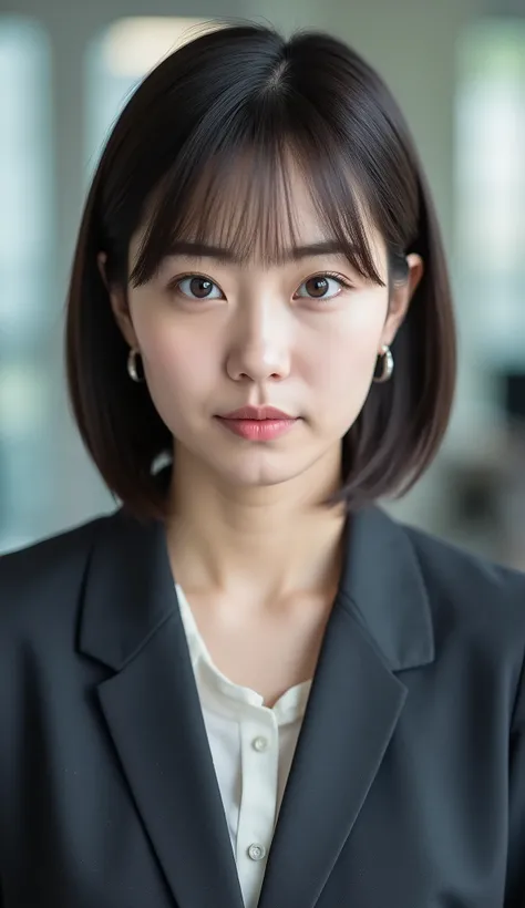 Neat Young Woman、looking at the camera、office lady suit、jacket、shirt、Ear piercings、has bangs and is making a small scream、hairstyle short bob、、No expression、has closed its mouth、、face close-up、The background is office
