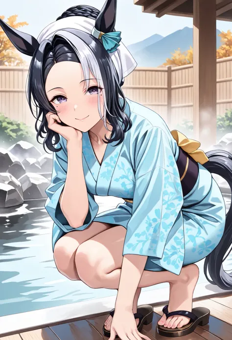 (masterpiece, best quality, perfect face:1.4), wide angle, full body, mejiro ramonu \(umamusume\), black hair, white hair, multicolored hair, ((long hair)), wavy hair, purple eyes, mole under eye, ear ornament, horse ears, horse tail, tail on the lower bac...