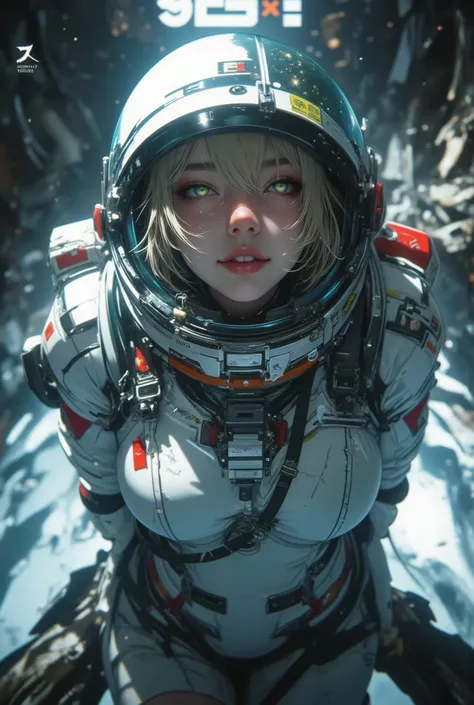realistic, (1girl:1.5), masterpiece, aeriel view, (full body view:1:7), Outer Space, (front view), space suit, space helm, hands behind the back, silent atmosphere, (Abandoned Space Station backgroud:1.7), lots of ice, cold, dark, strict expression, perfec...