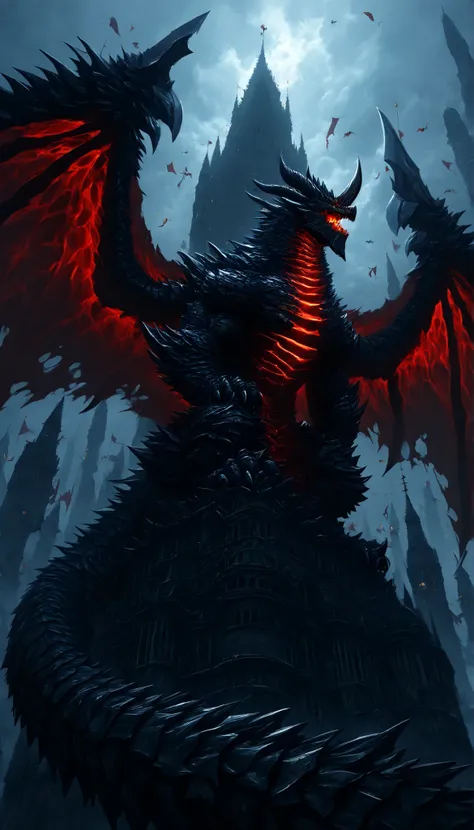 dibujo a mano,giant tower,imperial castle with several towers, red dragon ,giant scaled dragon,epic dinner,height,Medieval City, windows,flags on the cusp ,monster with open wings,giant monster,Dragon gigante,alas,scales, thick scales ,Gigantic Dragon,heav...