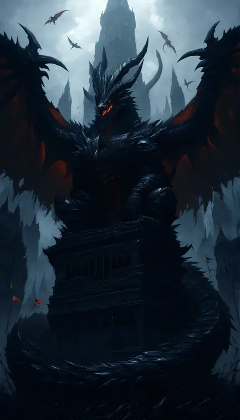 dibujo a mano,giant tower,imperial castle with several towers, red dragon ,giant scaled dragon,epic dinner,height,Medieval City, windows,flags on the cusp ,monster with open wings,giant monster,Dragon gigante,alas,scales, thick scales ,Gigantic Dragon,heav...