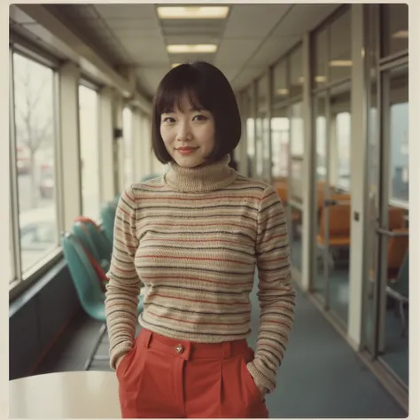 short haired woman posing、I'm wearing a horizontal striped turtleneck sweater、30 years old、Smile Yan、I'm wearing a red pantalon、short hair with matching bangs、standing in front of Showa Japan、Everyday Scenery of Showa Japan、1970's retro interior、 calm cin...