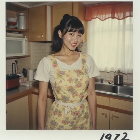 hairstyle ponytail、women are posing、model girl wearing a pillow、floral apron、30 years old、Smile Yan、skirt、、standing in a Showa Japanese kitchen、Showa Japanese appliances are placed、1970's retro interior、 calm cinematic picture 。 nostalgic atmosphere from t...