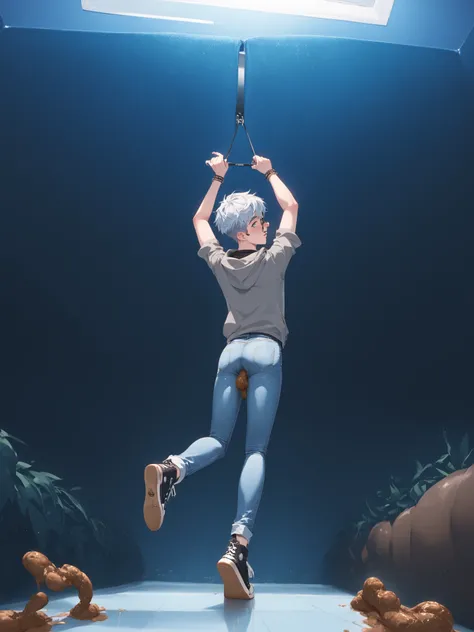 Hollister Jeans, 1 boy、show your butt、on all fours、Looking Back、He wears black half-knee high converse-boots sneakers xhi:1.9, grey Vans hoodie, pair of light blue skin tight leggings-jeans, fitting like second skin, volume in your crotch, small bulge unde...