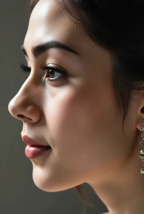 A side Profile photo S+R closeup woman face detail texture skin . Aside pose