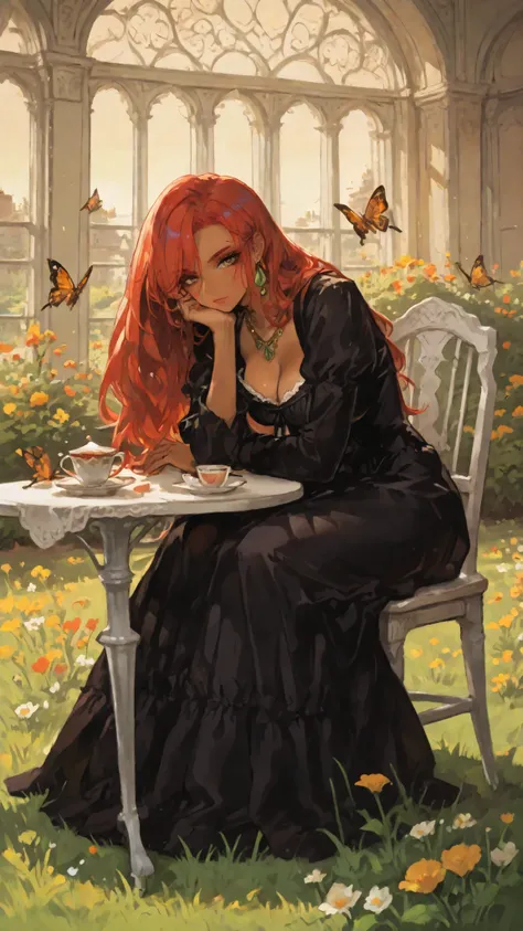 High quality, precise depiction, captivating light and shadow, a witch with passionate red hair flowing in the wind, the garden of an old Western-style mansion evoking a sense of history, a beautiful carpet of green grass, a colorful flower field with butt...