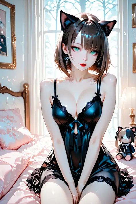 masterpiece, (8k, absolutely-resolution, ultra-detailed, rich-contrast), pixiv-trending style.

a gothic-inspired catgirl with porcelain-like, luminous skin and subtle shading, chin-length chestnut brown hair, green eyes, red lips, with cat ears matching h...
