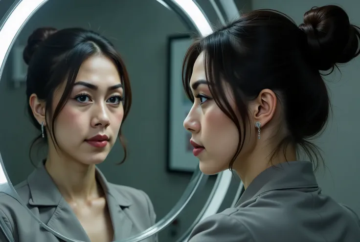 A side portrait front the silver frame mirror , side profile asian photo and perfect reflection on the mirror, photo taken from her side, no shadows on her face, bright lighting, abandoned futuristic terminal broken space on the dark atmosphere background,...