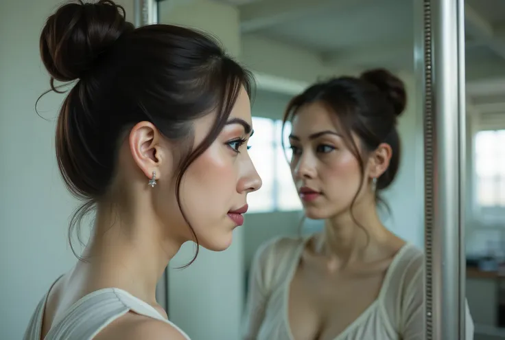 A side portrait front the silver frame mirror , side profile asian photo and perfect reflection on the mirror, photo taken from her side, no shadows on her face, bright lighting, abandoned terminal broken space background, subtle backlighting, hair is tigh...
