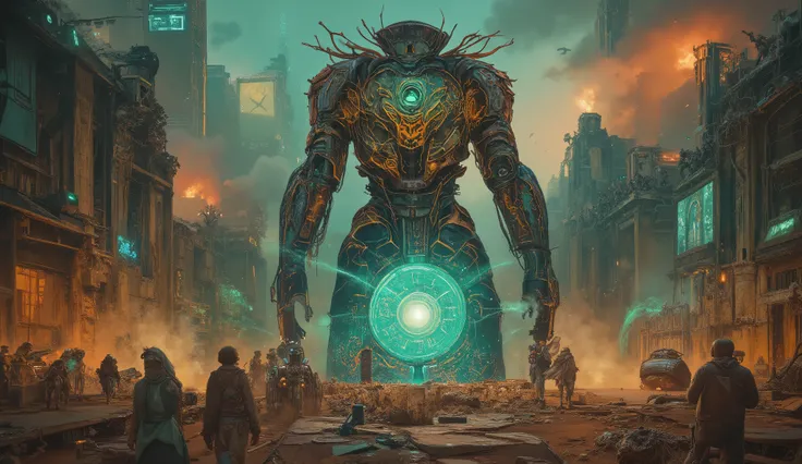 Baroque biopunk cartoon post-apocalyptic style — a gigantic biomechanical robot adorned with golden engravings, blackened silver armor, and ornate organic cables pulsating with green light. The battlefield stretches across a ruined city covered in overgrow...
